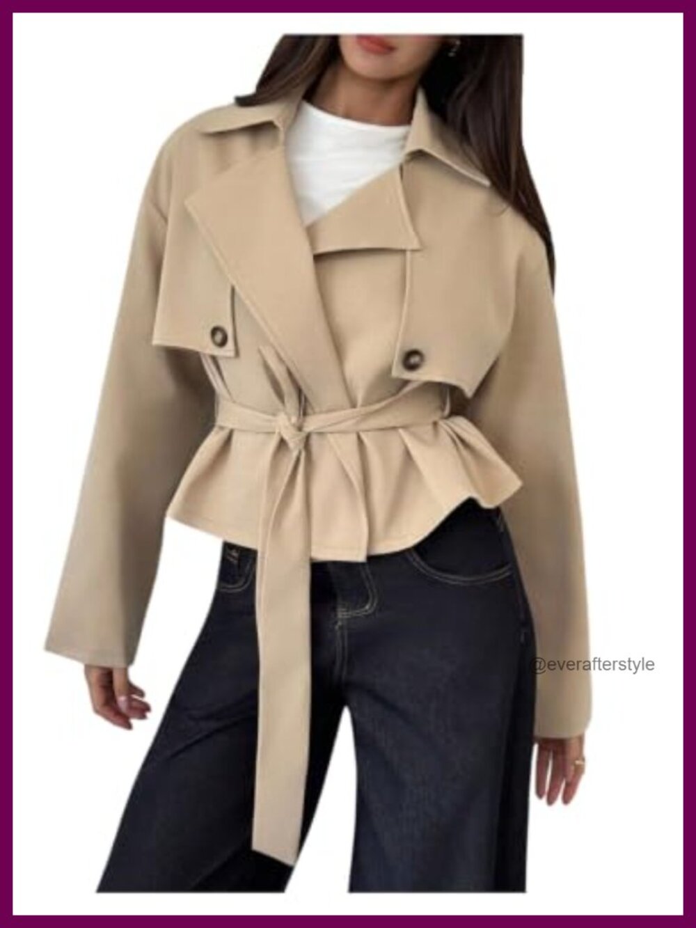 Women's Cropped Trench Coat Belted Long Sleeve Business Casual Work Jacket